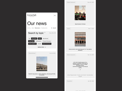 Mobile version of the creative news page. Investment block structure creative cards creative composition filter investments light design minimalism mobile news cards news page pure style search tags text blocks ui