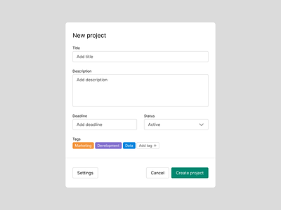 New project buttons component create modal create project cta design exploration dropdown figma input fields labels new project new project modal new task product design tags ui ux web design