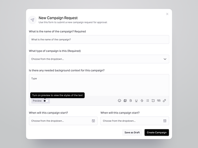 Campaign Creation Form admin app b2b campaign crm crm dashboard design system desktop form interaction marketing product design saas system ui ui design ui element ui kit ux web app