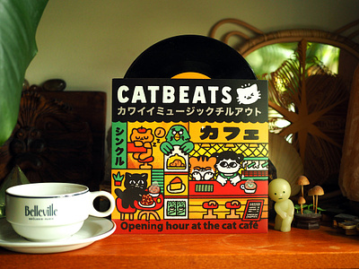 Opening Hour At The Cat Café by catbeats branding cafe cat catbeats cats coffee cute design doodle fun graphic design illustration japanese kawaii music album record swediish columbia vinyl