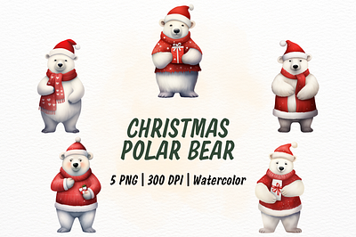 Christmas Polar Bear Watercolor Clipart gift red
