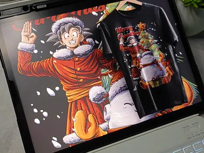 SANTA GOKU SNOWMAN BUU anime apparel buu character christmas clothing clothing brand dragonball dragonball super dragonballlz fanart goku halloween manga merchendise nft nft artist nft creator santa tshirt design