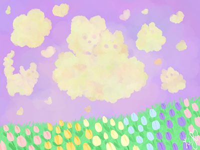 Cloud Friends! 2d clouds cute digital art flowers illustration painting pastel