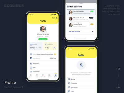Profile Screens | Ecolines Mobile App account balance booking bus busapp cashback coach operator ecolines empty state journey logistics mobile app passengers profile switch account ticket tickets travel travelapp uiux