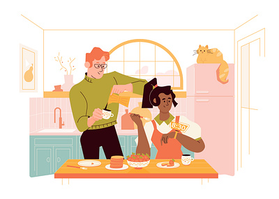 Morning before work breakfast couple kitchen time vector