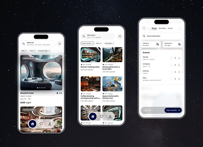 Booking Mobile iOS App Concept app design booking concept destination explore flight getaways hotel mobile app online booking planning product design space tickets tours travel trip ui ux vacation