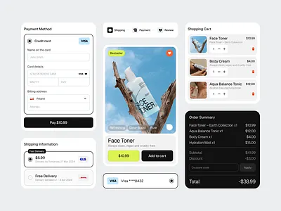 ~ e-commerce checkout ui components ~ beauty black white cart checkout components cosmetics e commerce ecommerce input interface payment product card self care shopping skincare ui ui elements web