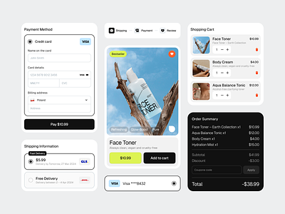 ~ e-commerce checkout ui components ~ beauty black white cart checkout components cosmetics e commerce ecommerce input interface payment product card self care shopping skincare ui ui elements web