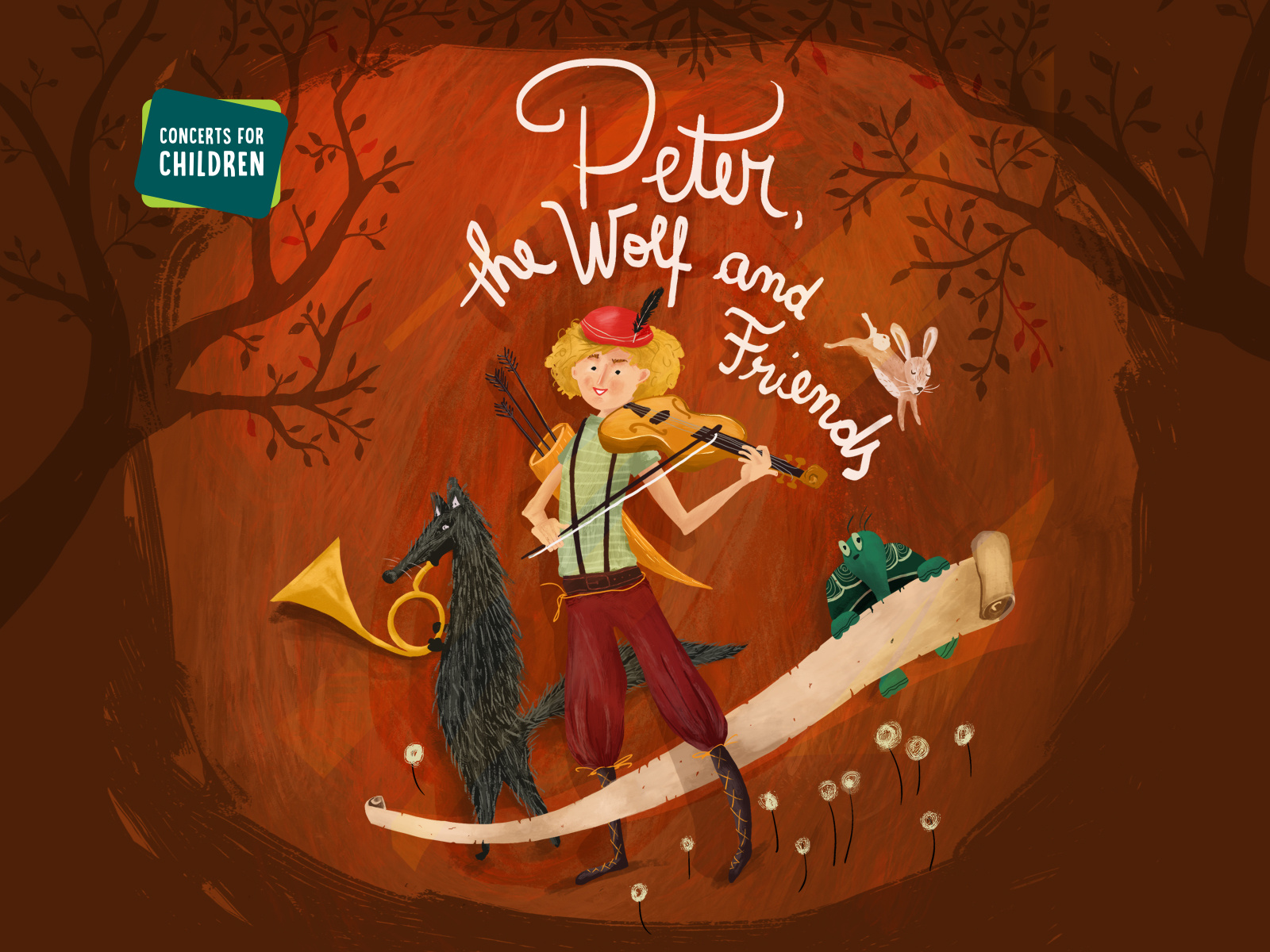 Peter, the Wolf and Friends - classical children concert 2d animals art book illustration boy brush children classical music colorful digital art drawing hare illustration music nature peter and the wolf prokofiev tortoise violin wolf
