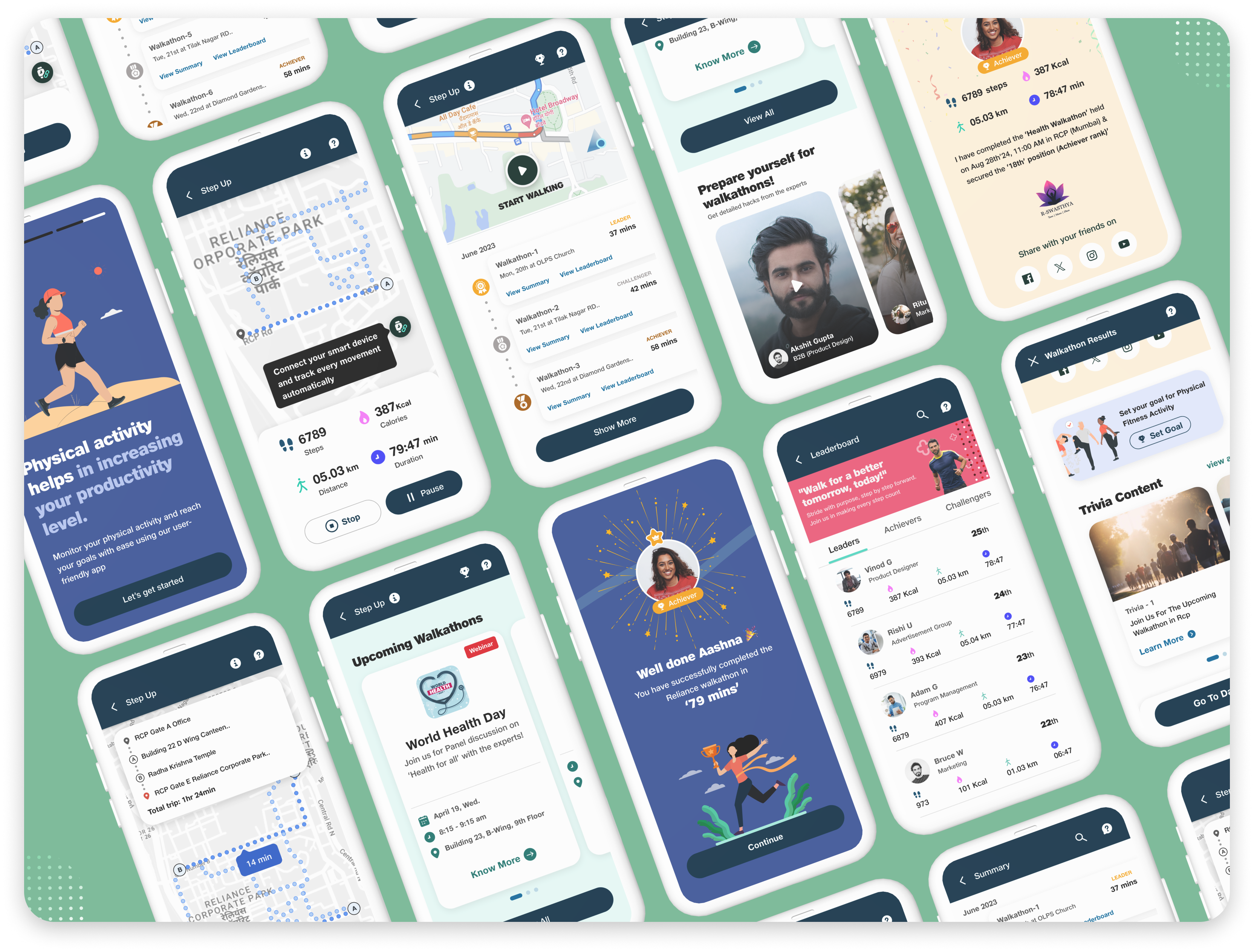 Step Tracking Mobile App activity b2b calories exercise gamification health app leaderboard maps organisation pedometer progress running statistics step counter step tracking training uiux walkathon wellness workout