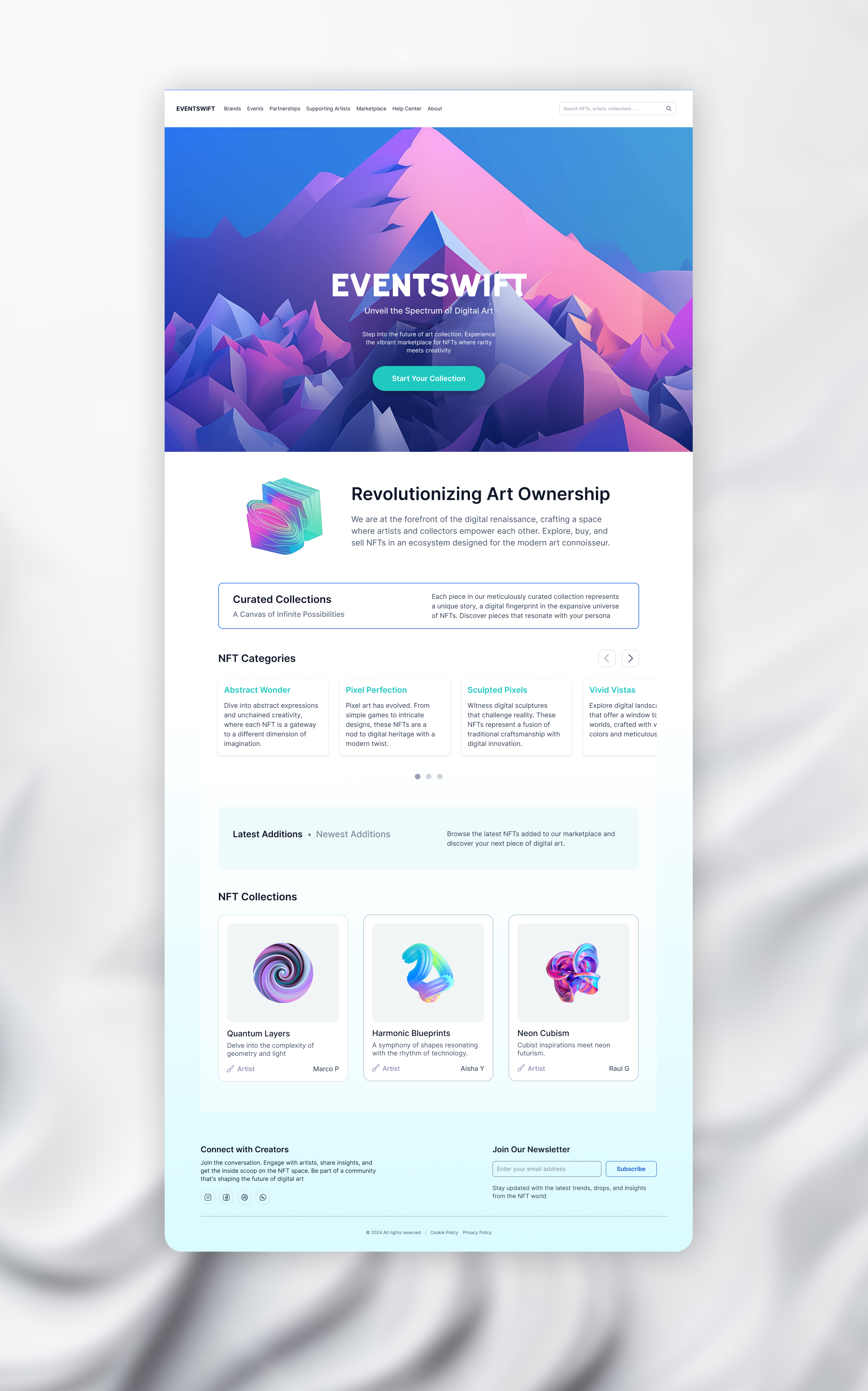 EVENTSWIFT NFT Art Collection Marketplace Website artrevolution blockchain branding collectibleart crypto cryptocurrency dapp digitalart innovativedesign marketplace nft nft art nft art collection nft collection nftmarketplace ui ui design uiux wallet website