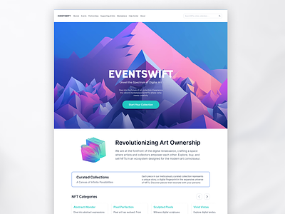 EVENTSWIFT NFT Art Collection Marketplace Website artrevolution blockchain branding collectibleart crypto cryptocurrency dapp digitalart innovativedesign marketplace nft nft art nft art collection nft collection nftmarketplace ui ui design uiux wallet website