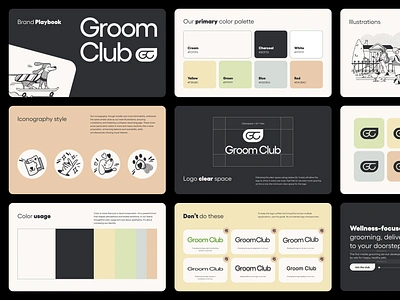 Groom Club Brand Guide agency brand brand design brand designer brand guide branding club color palette colors consumer dog dogs grooming health care icons illustration logo modern pet pets