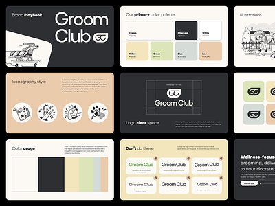 Groom Club Brand Guide agency brand brand design brand designer brand guide branding club color palette colors consumer dog dogs grooming health care icons illustration logo modern pet pets
