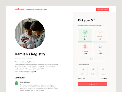 Upchoose — Registry baby clean clothes product registry saas ui ux warm web