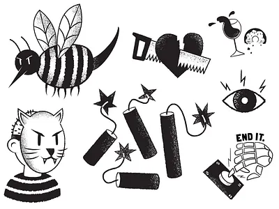 Tattoo Flash 2 bee cat mask conceptual illustrator donut dynamite editorial editorial illustration editorial illustrator end it firecrackers illustration illustrator james olstein james olstein illustration jamesolstein.com texture vector