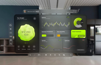 Exploring Financial Frontiers: A VisionPro Experience 3d 3d animation animation apple application chart concept dashboard dashboard animation design finances financial app graphs interactive modern spline ui ui animation vision vision pro