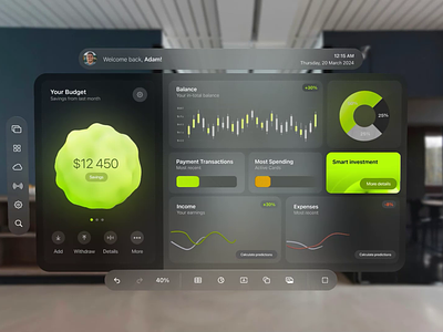 Exploring Financial Frontiers: A VisionPro Experience 3d 3d animation animation apple application chart concept dashboard dashboard animation design finances financial app graphs interactive modern spline ui ui animation vision vision pro