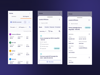 Mobile CRM affiliate analytics b2b bi crm dealscrm design gambling kanban marketing mobile responsive saas ui ux