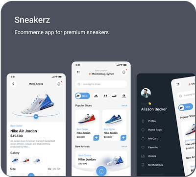 Sneakers E-commerce app adobe xd app branding dark theme design ui ux