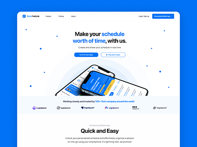 Schedule App: Landing Page Website blue clean design flat minimal website design white