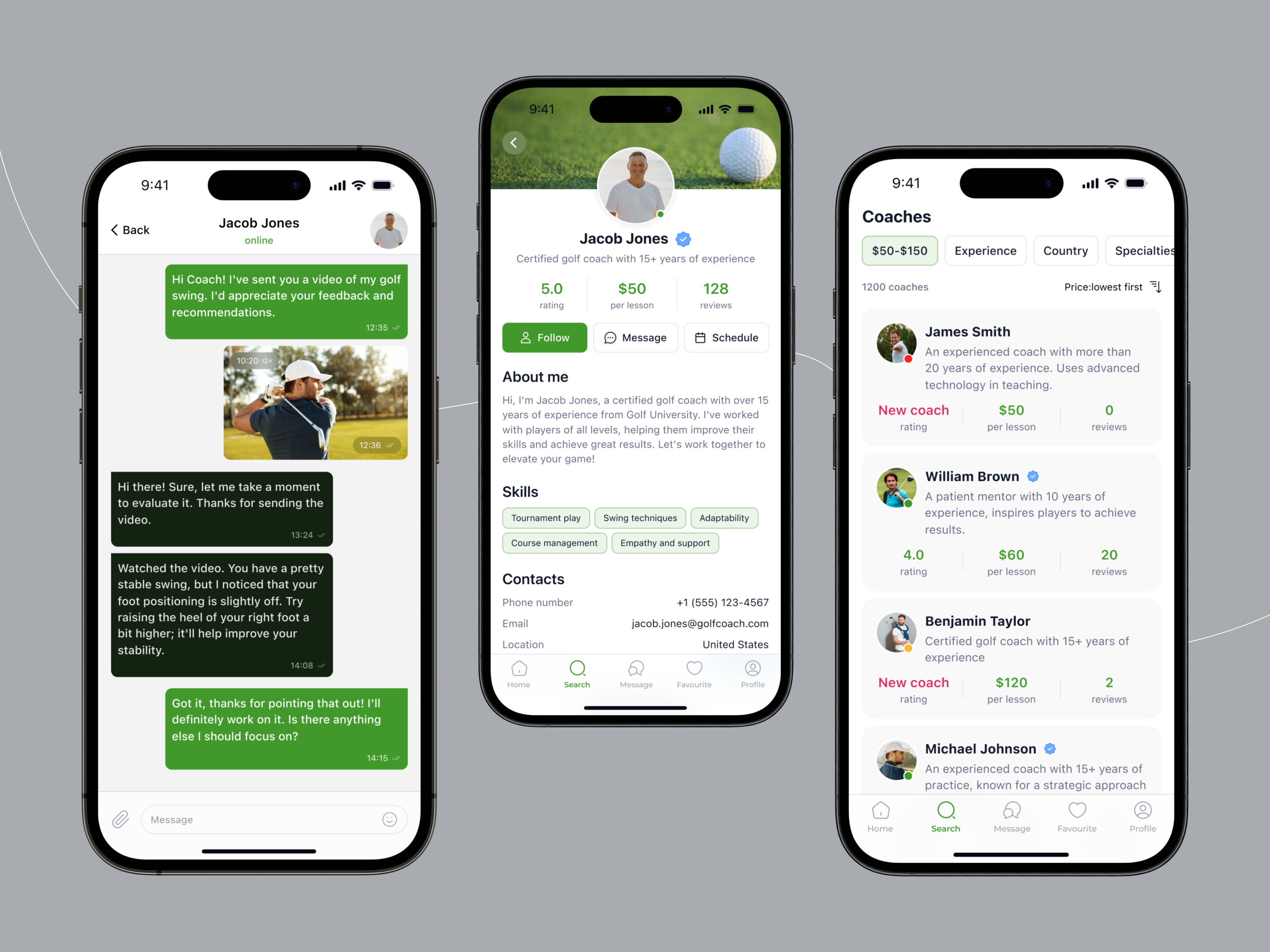 Personalized Golf Coaching App chat coaching app golf golf app golf club golf course mobile app sports app teacher tutor ui