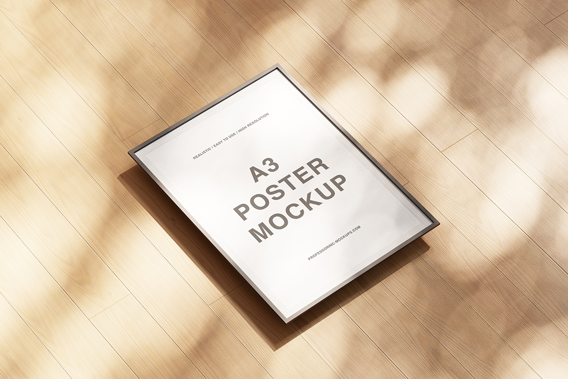 A3 Poster Mockup Set a3 advertising art canvas day frame interior mockup paper poster print realistic showcase sunlight template wooden