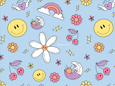 Positive summer pattern in a hippie, groovy style🙂 90s art branding cute emoji flat design graphic design groovy hippie illustration la pattern positive mood retro seamless summer typography vector vibe y2k