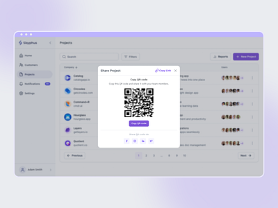 Share Project Link and QR-Code Pop-up cope qrcode copy link dailyui dialog window modal modal window popup purple qrcode share link share project share qrcode share via social media ui uiux uiux design untitled design system