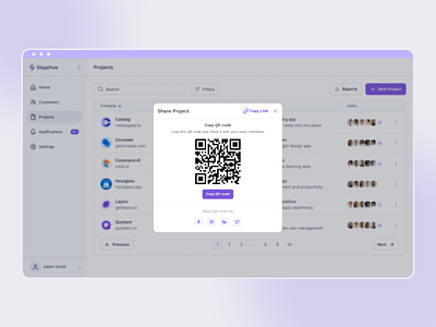 Share Project Link and QR-Code Pop-up cope qrcode copy link dailyui dialog window modal modal window popup purple qrcode share link share project share qrcode share via social media ui uiux uiux design untitled design system