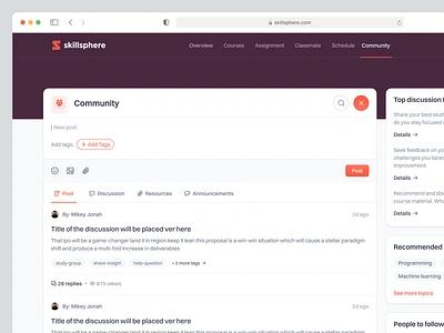 Skillsphere: E-Course Platform Dashboard Saas Webapp - Community community component course dashboard ecourse elearning input learning product design saas saas design social social media textfield ui uiux ux web app web design webapp