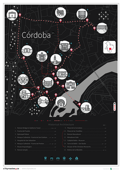Córdoba - Illustrated Route Map architecture culture history icons landmarks map poster spain travel