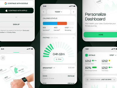 Nutrisync - Health And Fitness Tracker Mobile App app branding dark fitness green health ios app mobile mobile app modern neat sport tracker ui design uiux design user interface ux website