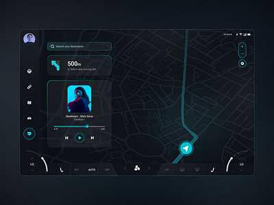 Next-Gen Dashboard: Dynamic visual map app ui artificial intelligence car car dashboard car panel design futuristic design hmi hmi design interface map mobile ui music player navigation product traffice transaction ui ux ui visual design viertul map