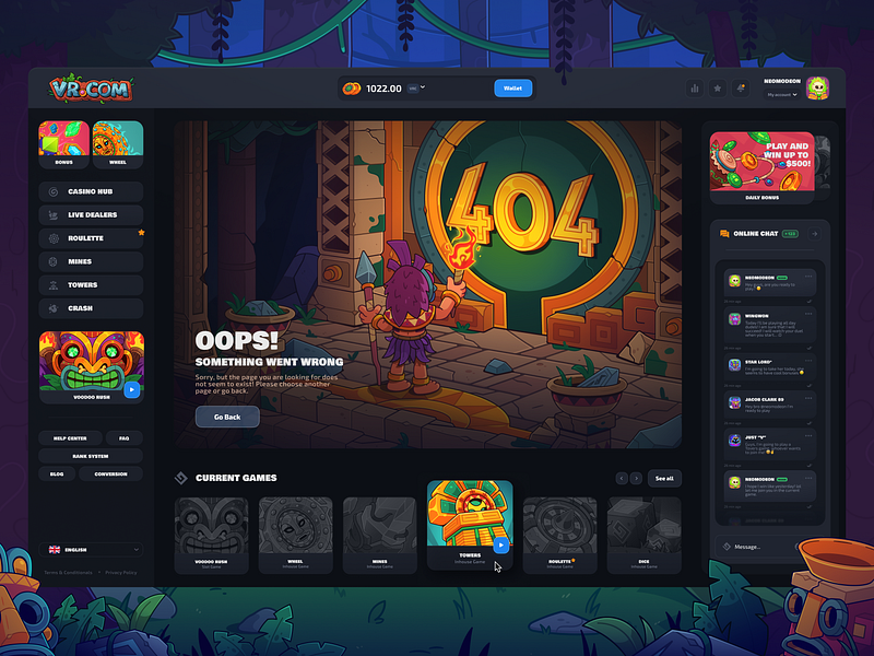 Voodoo Rush: Error 404 page 2d 404 404 not found casino dark interface error error page gambling game illustration jungle landig page lost not found originals games ui uiux user interface web design website