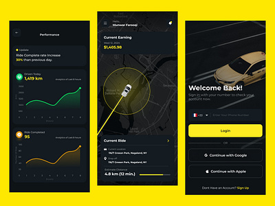 Transportation mobile application UI/UX app design inspiration branding car charts dark blue dark mode dashboard driving graph green indrive line chart log in screen mobile app montserrat orange uber ui ux yellow