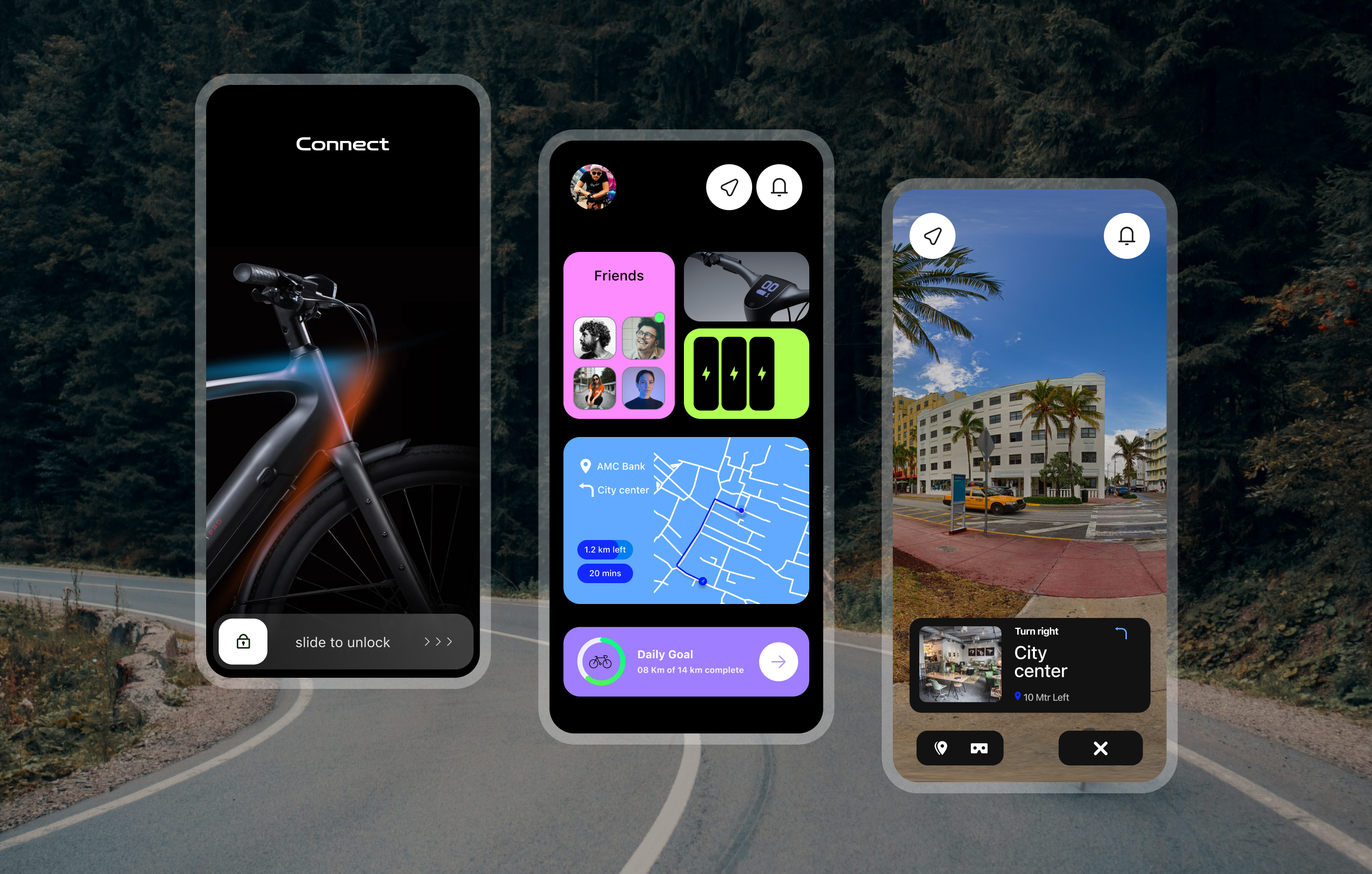 Navigation Application - Connect Bike bike navigation connect cycle application cycle connect dark theme e bike app electric bike map application minimal mobile app navigation application statisticas ui design ux design