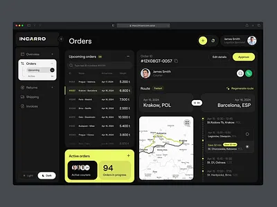 Logistic Saas platform - INCARRO: AI-powered route planning. ai dashboard ai platform auto car clean dark dark dashboard dark theme dashboard delivery logistic dashboard logistic platform logistics nav bar navigation navigation panel saas platform shipping transportation uiux