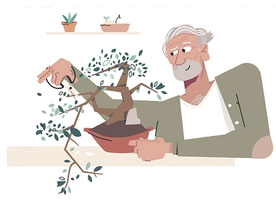 Bonsai Master animation bonsai boston botany character character design concentrate cut finance friendly grandpa illustration illustrator old person plant simple tree vector