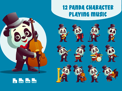 Panda Musician Cartoon Character animal band cartoon character cute instrument kids mascot music musician orchestra panda playful