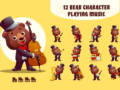 Bear Musician Cartoon Character animal band bear branding cartoon character cute funny instrument mascot music musician orchestra playful
