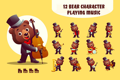 Bear Musician Cartoon Character animal band bear branding cartoon character cute funny instrument mascot music musician orchestra playful
