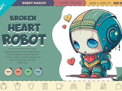 Broken Heart Robot. android cartoon character chibi comic cyborg design illustration kawaii love mascot robot sticker vector