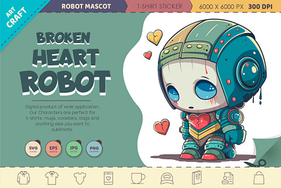 Broken Heart Robot. android cartoon character chibi comic cyborg design illustration kawaii love mascot robot sticker vector
