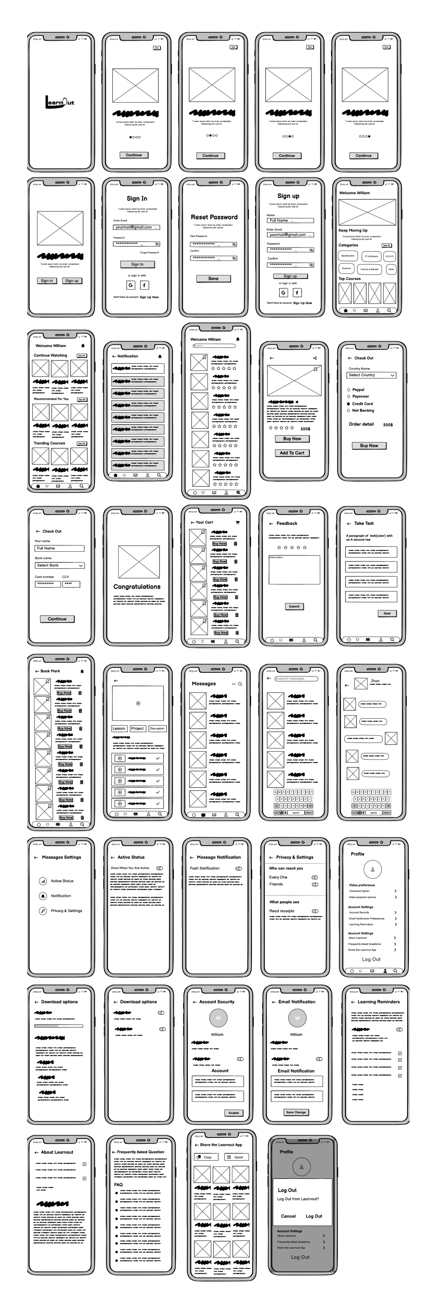 Low Fidelity Wireframes e learning app design figma design high fidelity wireframe low fidelity wireframe mobile app design mobile app wireframe online app prototype ui ui ux design user experience user interface wireframe