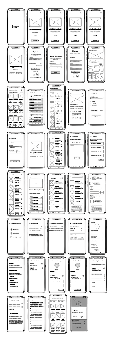 Low Fidelity Wireframes e learning app design figma design high fidelity wireframe low fidelity wireframe mobile app design mobile app wireframe online app prototype ui ui ux design user experience user interface wireframe