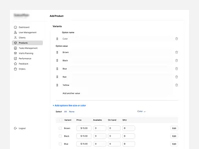 Add Product Variants - Dashboard add another value add options like size add product available color color variant edit variant none option name option value price variant select sku variants