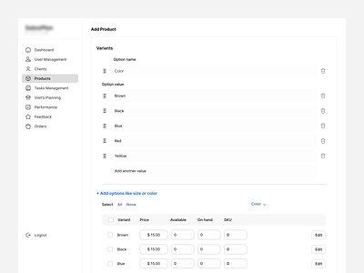 Add Product Variants - Dashboard add another value add options like size add product available color color variant edit variant none option name option value price variant select sku variants