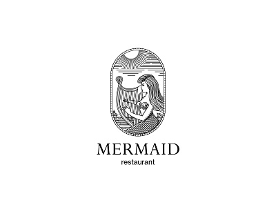 Mermaid Restaurant Vintage logo brand fish food harp logo mermaid music reed restaurant sea ship siren sky sun water