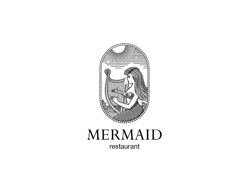 Mermaid Restaurant Vintage logo brand fish food harp logo mermaid music reed restaurant sea ship siren sky sun water